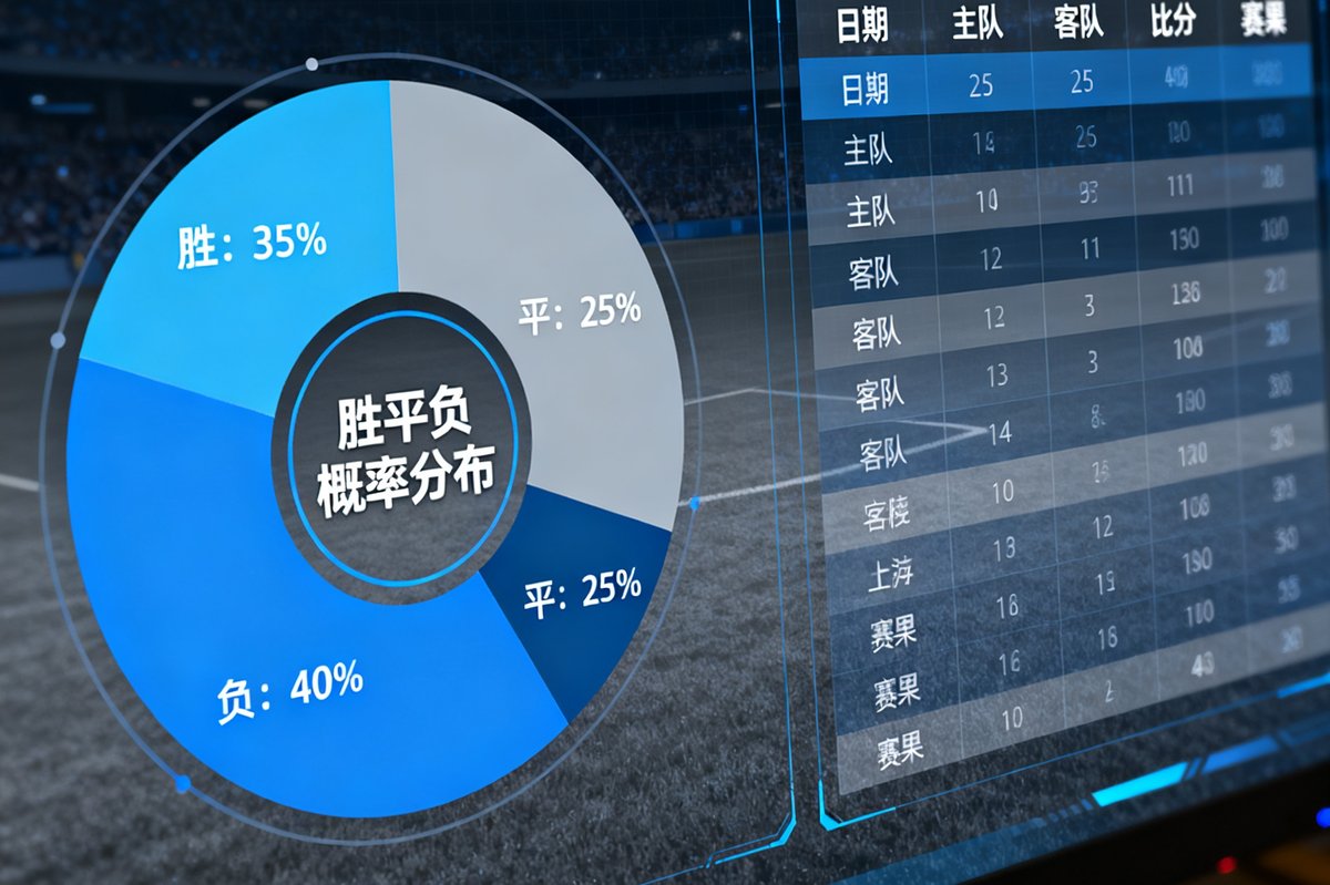 智能数据预测界面展示胜平负概率分布饼图和历史交锋记录数据表格